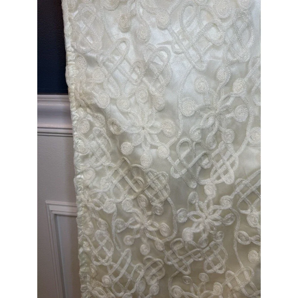 Ivory Cream Embroidered Lace Table Runner 80” x 12” Gold Crystal Bead Fringe
